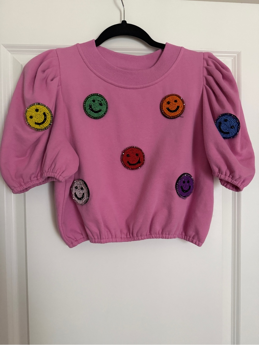 Pink Puff-Sleeve Queen of Sparkles Sweatshirt with Sequin Smiley Patches
